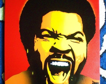 Ice Cube portrait painting stencil art spray paint hip hop wicked afro NWA rapper icon Los Angeles California handmade yellow red orange pop