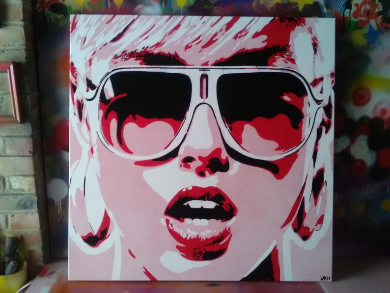 Pop art woman painting canvas stencil art spraypaint art sunglasses red white graffiti abstract portrait girl her home living artwork design image 2