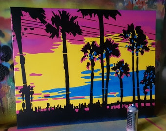 Sonnenuntergang in Los Angeles Schablone Art Gemälde Leinwand Spray Paint Art Amerika Pop Art blau gelb pink Strand Palmen Landschaft