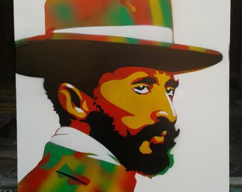 Haile  Selassie stencil art original painting canvas custom made to order rastafarian jamaica red yellow green reggae king ethiopia culture