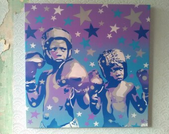 Boxer kids painting canvas stencil art spray paints pop art boxing purple blue grey white afro american America stars abstract graffiti pop