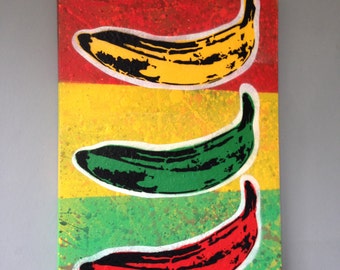Rasta Bananas painting canvas pop art fruit Velvet Underground Andy Warhol stencil art urban graffiti red greens yellows artist,original pop