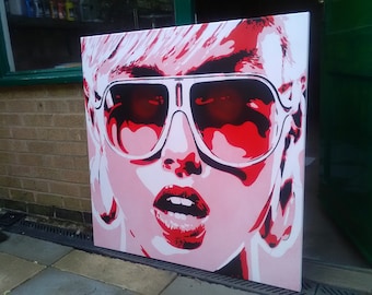 Pop art woman painting canvas stencil art spraypaint art sunglasses red white graffiti abstract portrait girl her home living artwork design