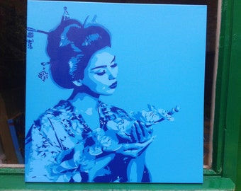 Geisha with lilies painting square canvas stencil art spray paints woman pop asian oriental flowers kimono beauty blues street art Japanese