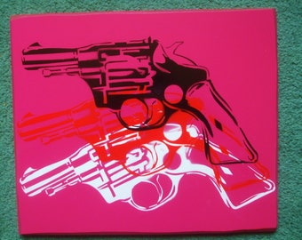 Warhol pop guns stencil painting on canvas Andy Warhol pinks white red black revolver pop art pistols spray paint art street art abstract