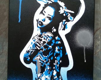 Tattooed Geisha painting stencil art spray paint art canvas urban silver blue oriental asian Japanese tattoo woman handmade pop art graffiti