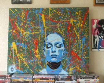 painting of models face,abstract dreamer,spraypaint on canvas,pollock,splash,dreams,stencils,textured,blue,red,yellow,sleep,his,hers,custom