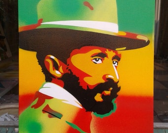 Haile  Selassie stencil art original painting canvas custom made to order rastafarian jamaica red yellow green reggae king ethiopia culture
