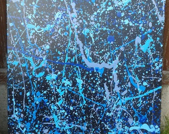 Jackson Pollock abstract style painting on canvas splash spray paint art experimental blues 20 by 24 inches american art wall art urban art