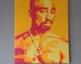 Tupac painting canvas stencil art spray paint art hip hop rap West coast Los Angeles music portrait American pop art urban art yellow 2pac