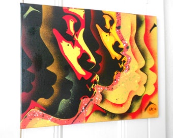 Kiss Serie Schablone Art Malerei gute Schwingungen Spray Paints afroamerikanische Kunst Afrikanische Pop Art abstrakt Graffiti Street Art Leinwand gelb