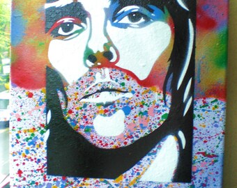 painting of ian brown of stone roses ,splash stubble,stencil art,canvas,urban,music,portrait,manchester,united kingdom,europe,spraypaints