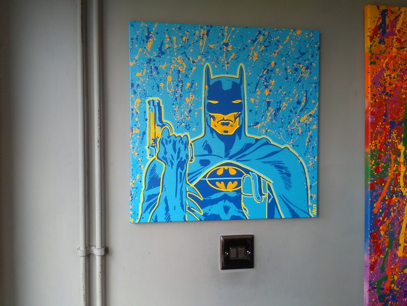 Batman painting stencils spray paint art canvas blue yellow DC Etsy