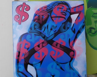 Painting of nude pop art style stencil art spray paints canvas dollars America Miami vice sexy wall art women abstract europe pink graffiti