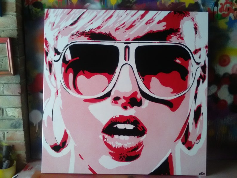 Pop art woman painting canvas stencil art spraypaint art sunglasses red white graffiti abstract portrait girl her home living artwork design image 3