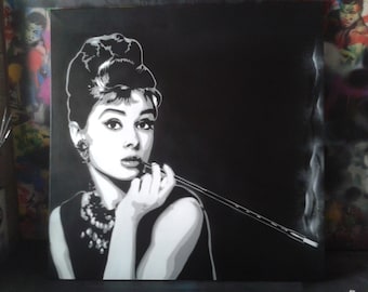 Audrey Hepburn painting stencil art canvas spray paint art black white pop urban art aerosol street art movies iconic breakfast at Tiffanys