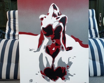 Abstract nude painting red grey white black canvas bright bold beauty nude art home wall art women street art pop graffiti stencils interior