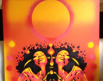 Afro women painting blues high in the sky stencil art spray paint large pop canvas abstract winter Europe home living moon urban graffiti