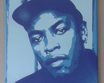 Dre Dre spray paint painting on canvas stencils hip hop rap music west coast los angeles death row records pale blue dark blues producer pop