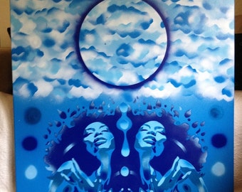 Afro women painting blues high in the sky stencil art spray paint large pop canvas abstract winter Europe home living moon urban graffiti