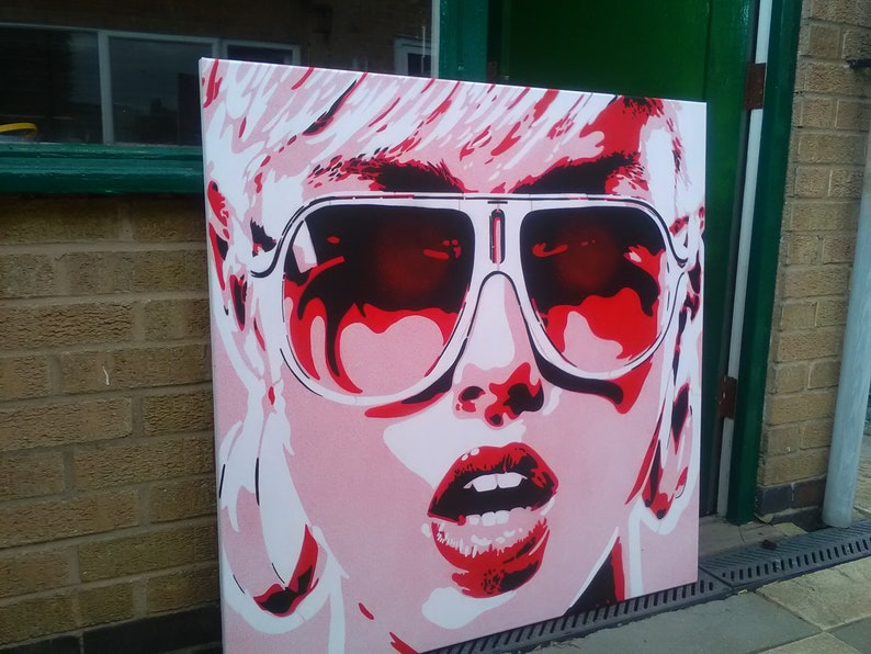 Pop art woman painting canvas stencil art spraypaint art sunglasses red white graffiti abstract portrait girl her home living artwork design image 4