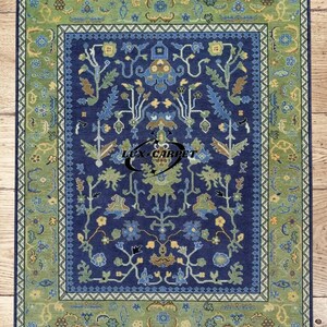 Handmade Wool Oushak Rug: Turkish Blue Vintage-Inspired Carpet