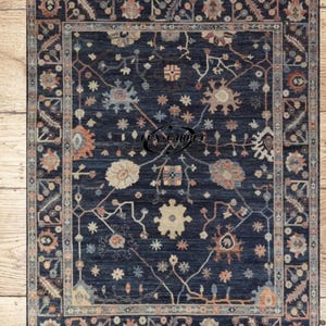 Handmade Wool Oushak Rug: Turkish Blue Vintage-Inspired Design