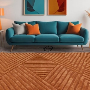 Handmade Terracotta Tufted Rug: Burnt Orange Geometric Cotton-Acrylic Blend
