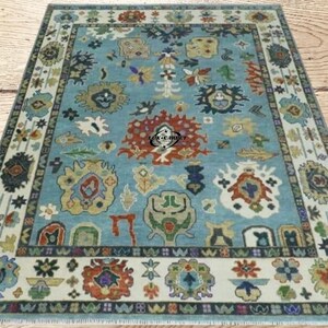 Beautiful Modern Oushak Turkish Knot Wool Rug in Blue and Cream, Accent for Home Decor and Living Room in 8x10,9x12,10x14,12x15 Area Rug.