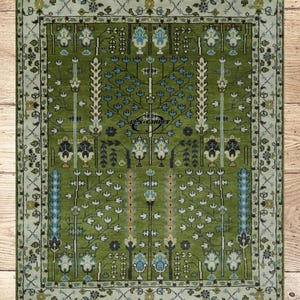 New oushak olive green with sea blue background Modern Oushak rug Olive green| Living Room rug Floral Design 6x9, 8x10, Made To Order
