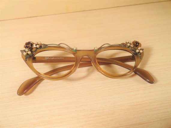 Vintage Elsa Schiaparelli Cat Eye Glasses Gold Amb
