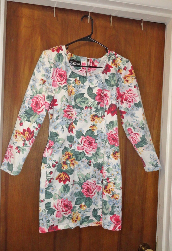 Vintage 80s 90s Mini Denim Floral Dress Long Slee… - image 1