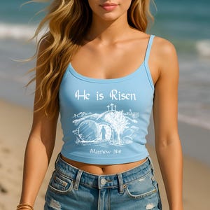 He Is Risen Spaghetti Strap Tank Top, Christian Tank, Faith Tank Top, Scripture Top, Religious Gift, Womens Easter Tank