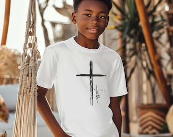 Kreuz mit Glaube Jugend T-Shirt, Bella Canvas Christian Kinder T-Shirt, Glaube Shirt für Jungen und Mädchen, religiöses Geschenk, Kirche Jugend Bekleidung