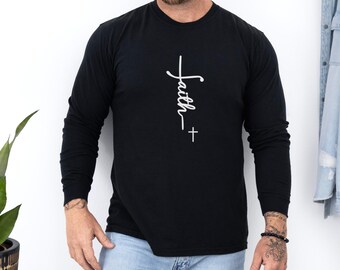 Camiseta de manga larga con gráfico de cruz de fe, ropa cristiana