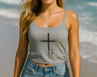 Cross With Faith Spaghetti Strap Tank Top, Christian Tank, Faith Tank Top, Scripture Top, Religious Gift, Womens Summer Tank
