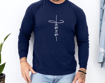 Camiseta de manga larga con la cruz de Jesús, camiseta cristiana, corte holgado
