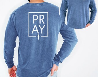 Camiseta de manga larga con gráfico "Pray + Cross", ropa cristiana