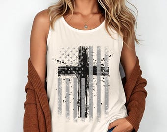 Flag With Cross Tank Top, Christian Tank, Patriotic Faith Tank, Inspirational Tank, Religious Tank, Unisex Relaxed Fit Tank