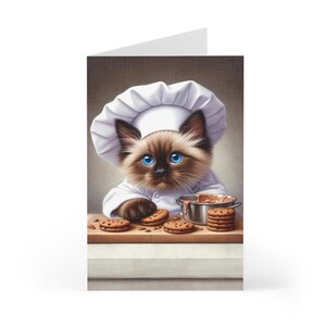 Paquet de 7 cartes de voeux - Adorable chat siamois fabriquant des biscuits - Parfait pour les amoureux des animaux de compagnie, souhaits d'anniversaire, remerciements, jolies cartes