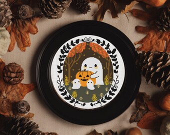 Ghost Pumpkin Cross Stitch Pattern: Kawaii Halloween Embroidery (PDF Download)
