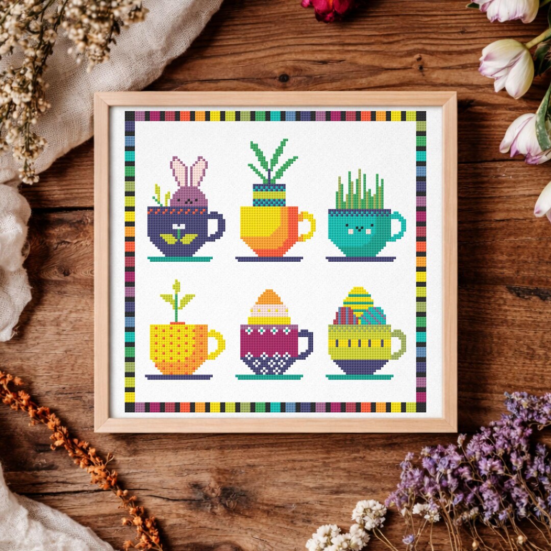 Easter Sampler Cross Stitch Pattern | Bunny, Eggs & Plants Cups ...