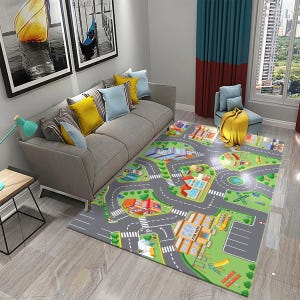 Kids Road Traffic Rug, Cartoon Car Toys Rug for Boys/Girls, Educational Rugs, MultiColor Baby Nursery Bedroom Play Mat, Kids Play Rug