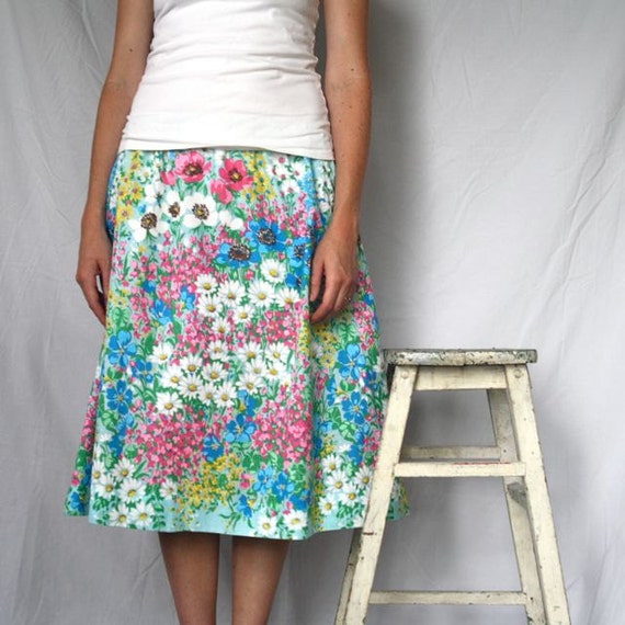 Items similar to Women's Upcycled Skirt - Tea Length Wildflowers with ...