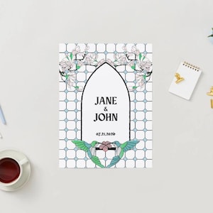 May include: A wedding invitation with a white background and a blue and white checkered pattern. The invitation features a floral design with hummingbirds and the text "JANE & JOHN 07.21.2026".
