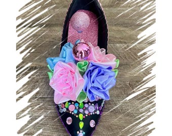 Luxury Embellished Party Heel Centrepiece -Rhinestone & Floral Decor High Heel – Elegant Custom Handmade Shoe Weddings and  Special Events