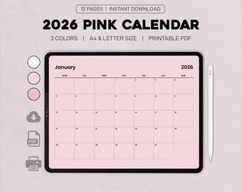 2026 Pink Monthly Calendar Printable | PDF Calendar A4 & Letter Size | Horizontal Minimalist Calendar, Digital Download