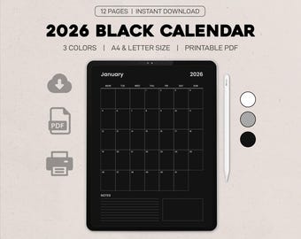 2026 Black Monthly Calendar Printable | PDF Calendar A4 & Letter Size | Vertical Minimalist Calendar, Digital Download