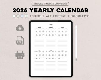 Minimal 2026 Yearly Calendar Printable, Printable Wall Calendar, Neutral Aesthetic Office Planner, 2026 Minimal Calendar, Yearly Calendar