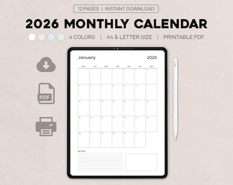 2026 Monthly Calendar Printable | PDF Calendar A4 & Letter Size | Vertical Minimalist Calendar, Digital Download